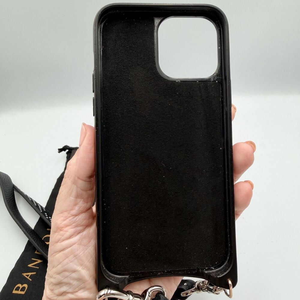 BANDOLIER Black Leather Crossbody iPhone 13/14 Pro Max Case; Rhinestone Strap - Picture 3 of 13